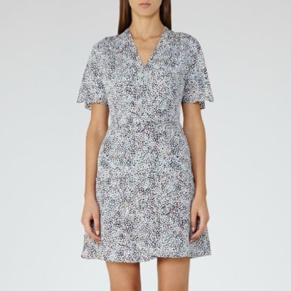 Reiss Prose 100% Silk Dress US 8 Blue Abstract Print Fit Flare Flutter Sleeve